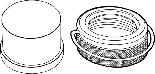 Kunststoffkappe und Sicherungsring von IMI Hydronic Engineering, dargestellt in zwei Ansichten. Die Kappe hat eine glatte Oberseite, der Ring zeigt ein gewundenes Design.